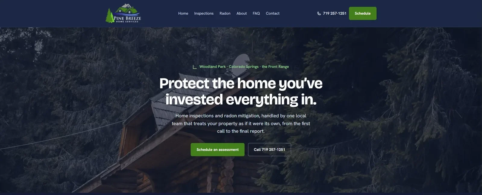 Homepage of the Pine Breeze Home Services website, showing the hero headline Protect the home you’ve invested everything in.