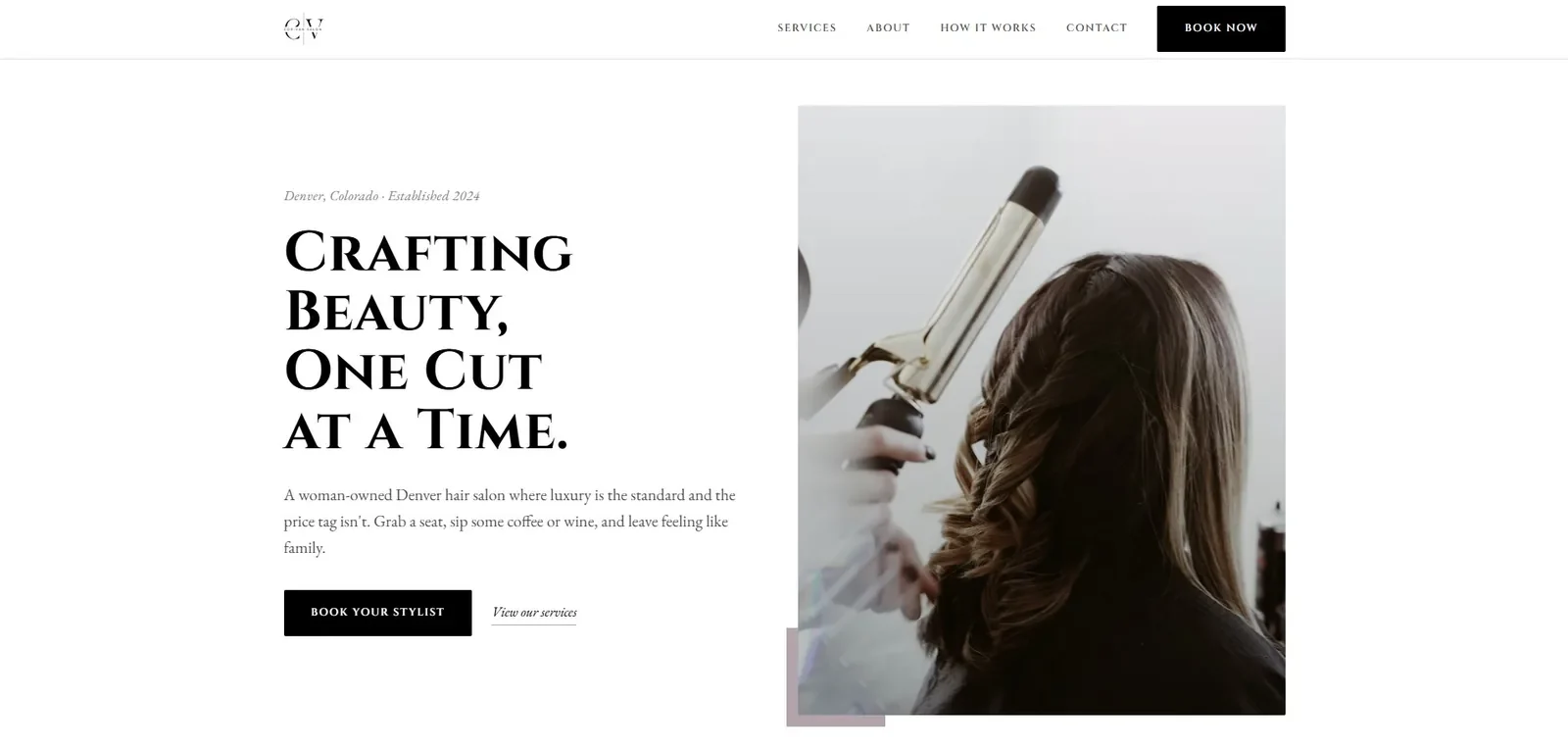 Homepage of the COR•VAN Salon website, showing the hero headline Crafting Beauty, One Cut at a Time.