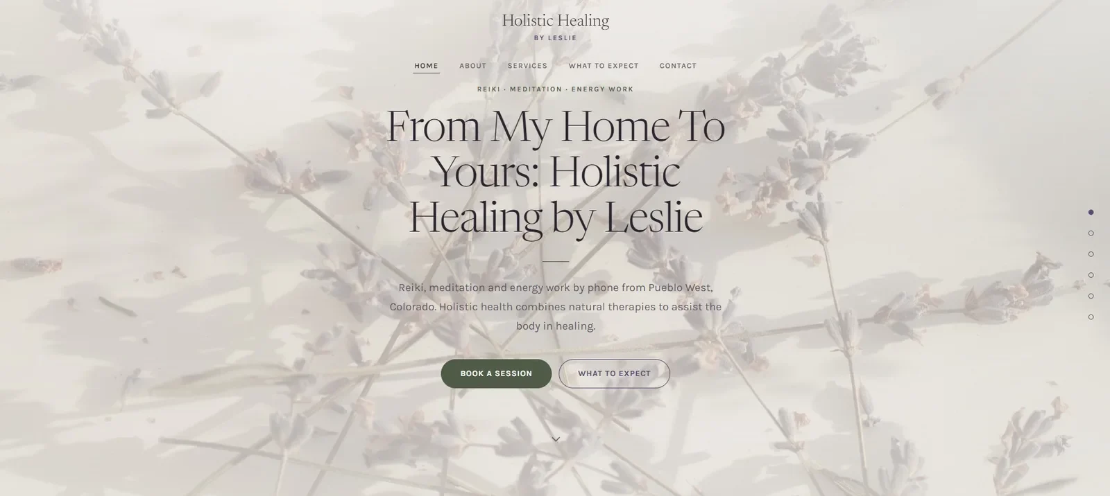Homepage of the Holistic Healing by Leslie website, showing the hero headline From My Home To Yours: Holistic Healing by Leslie.