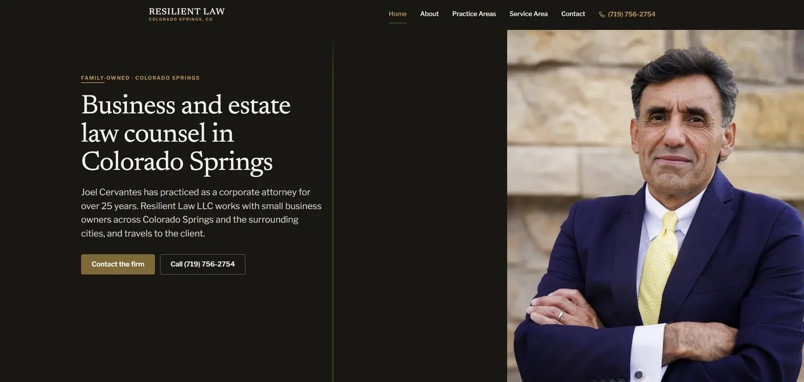 Homepage of the Resilient Law LLC website, showing the hero headline Business and estate law counsel in Colorado Springs.