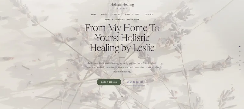 Homepage of the Holistic Healing by Leslie website, showing the hero headline From My Home To Yours: Holistic Healing by Leslie.