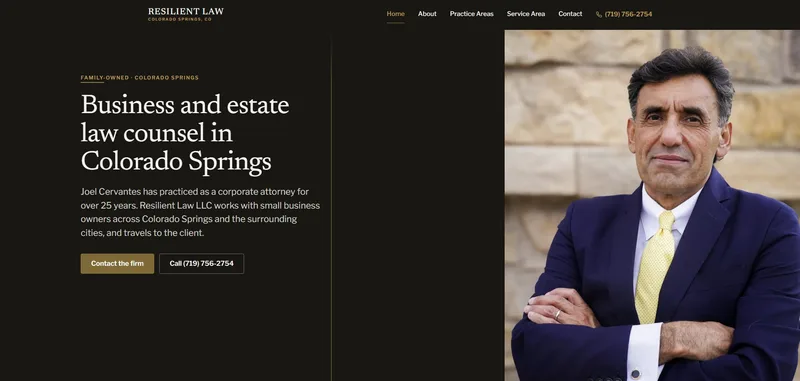 Homepage of the Resilient Law LLC website, showing the hero headline Business and estate law counsel in Colorado Springs.