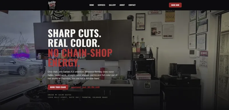 Homepage of the Rockstar Barber website, showing the hero headline Sharp Cuts. Real Color. No chain-shop energy.